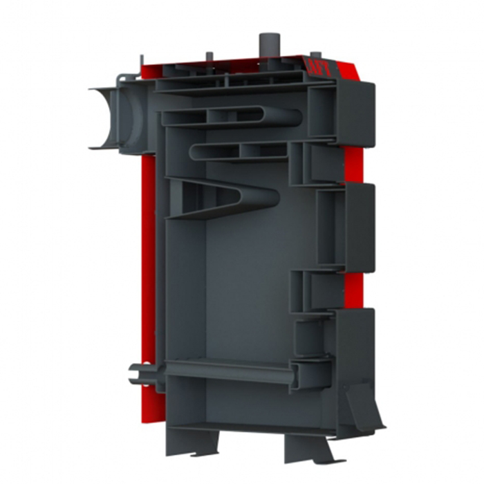 Розріз котла KRAFT S New — твердопаливний котел тривалого горіння, водонаповнені колосники, теплообмінник з трьома полицями